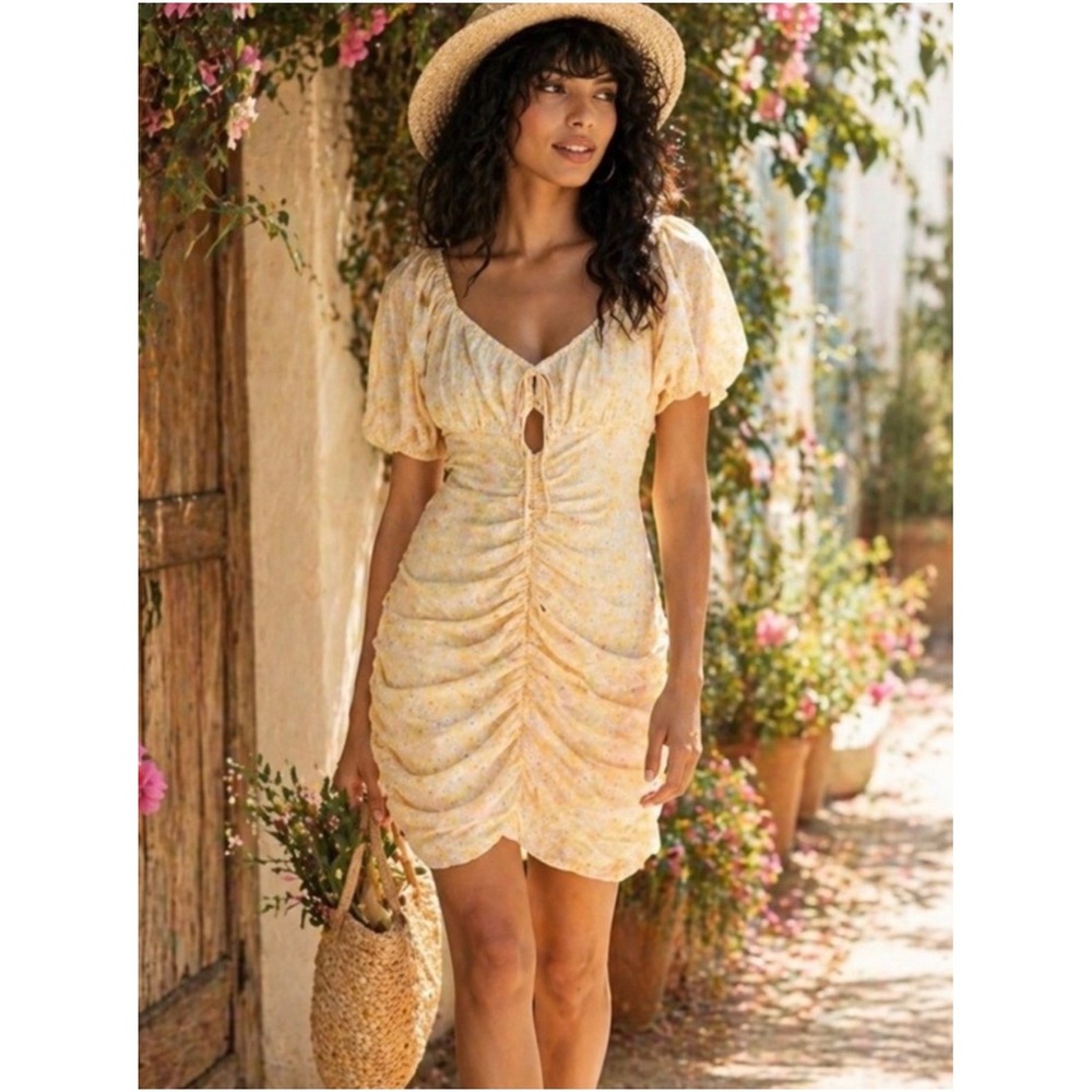 Free People Tessa Floral Mini Dress Puff Sleeves Ruched Yellow Daisy Size XS